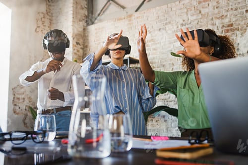 Preview: Office creative entrepreneurs team having a 3d business meeting in the metaverse cyberspace