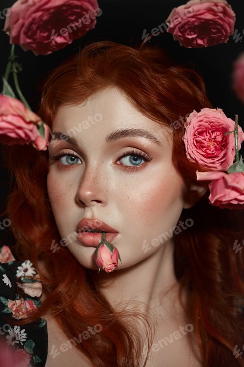 Preview: Woman with red hair and flowers in hair posing against dark background
