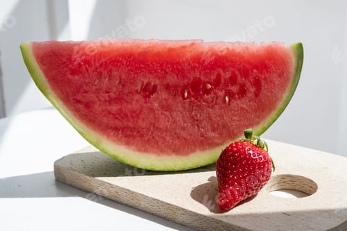 Preview: Fresh Slice of Watermelon with Strawberry Still Life