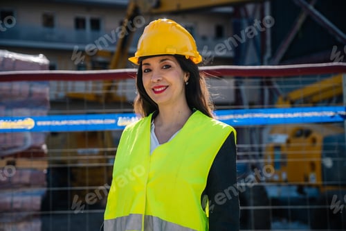 Preview: Smiling ethnic female worker in hardhat standing near building during construction