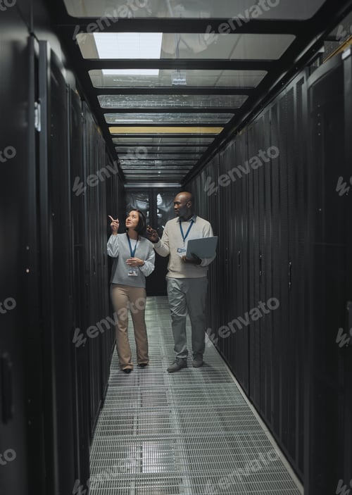 Preview: Laptop, teamwork or IT people in server room for maintenance, analysis or digital innovation. Data