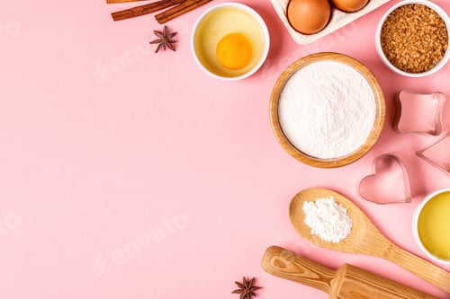 Preview: Ingredients and utensils for baking on a pastel background.