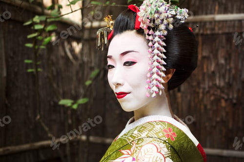 Preview: A traditional geisha, wearing a kimono with floral hair clips and face makeup.