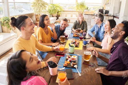 Preview: Young people having a great time in bar. Friends smiling fun and sitting in a coffee shop,