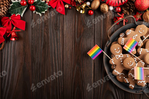Preview: Christmas background of tray with gingerbread cookie men and rainbow flags on wooden table