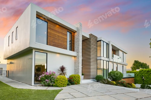 Preview: Contemporary house adjacent to tree-lined sidewalk and grassy lawn