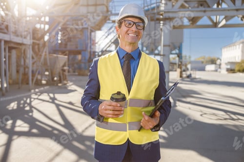 Preview: Joyful male engineer holding cup of coffee and documents