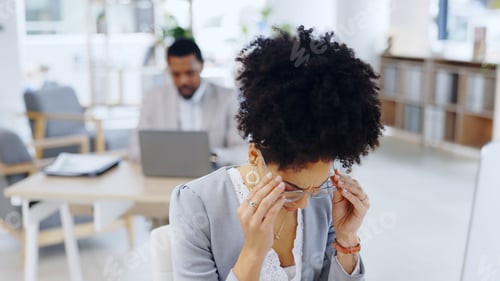 Preview: Headache, stress and business woman in office with eye strain, v