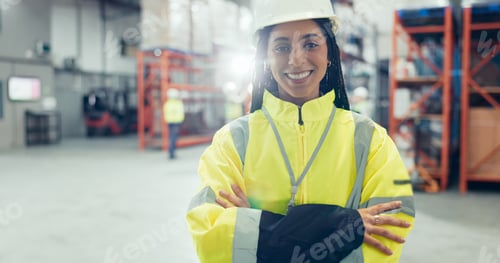 Preview: Logistics, woman and confident in storage for portrait, wholesale and distribution. Inspector, arms