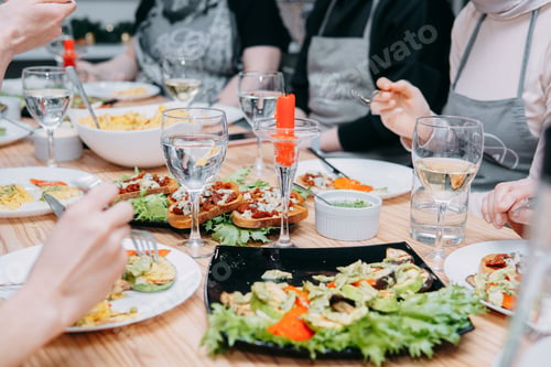 Preview: * Festive table: meat dishes, sauces and white wine. Tableful.