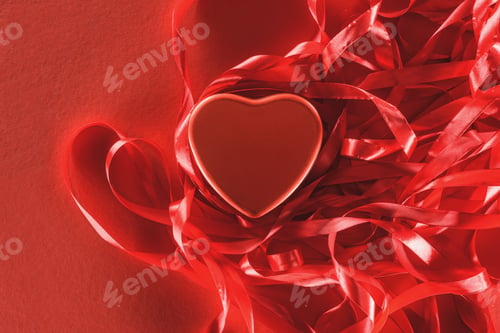 Preview: close-up view of beautiful red heart and decorative ribbons, valentines day background