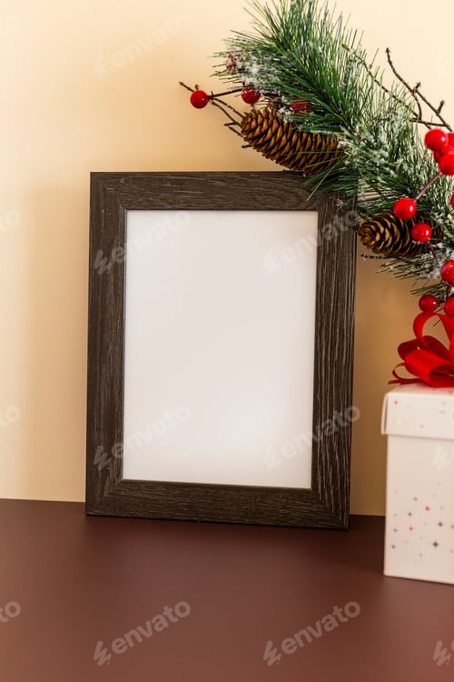 Festive Wooden Frame with Gift and Christmas Decoration