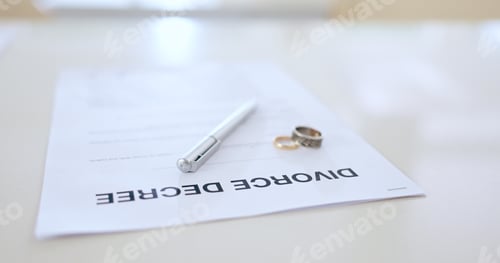 Preview: Divorce, contract and pen with wedding in office for signature, decision and break up of marriage.