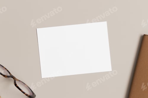 Preview: Invitation white card mockup with a glasses and a notebook. 5x7 ratio, similar to A6, A5.