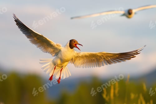 Preview: Black-headed gull hovering in summer evening sunlight