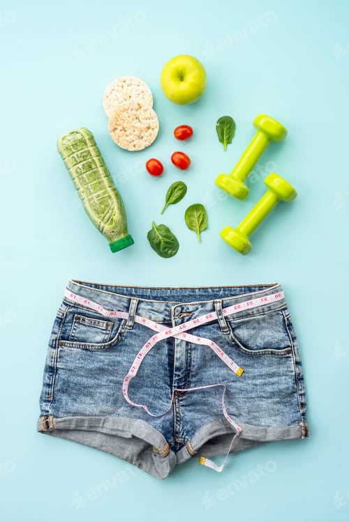 Preview: Diet food, healthy lifestyle and fitness background on blue.