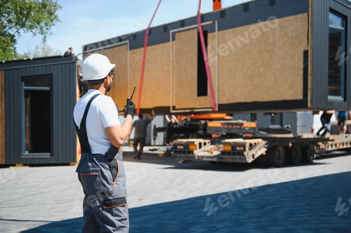 Preview: Construction worker supervising loading of modular house onto truck
