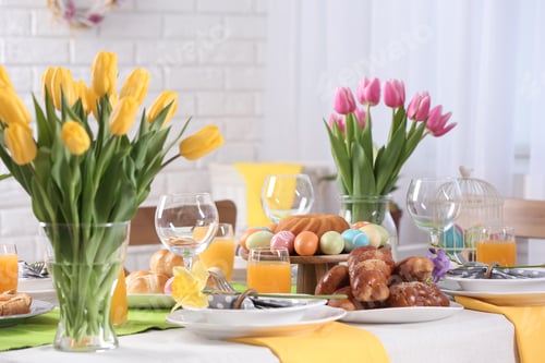 Preview: Festive Easter table setting with traditional meal at home