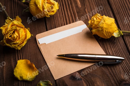 Preview: Envelope With A Letter On A Wooden Table Surrounded By Dry Yellow Flowers, Tea And Female Trifles