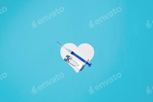 Preview: Global population vaccination, healthcare and medicine concept. Vaccine vial and syringe lying on a