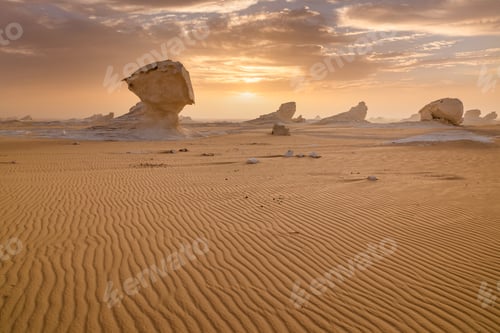Preview: Chalk rocks in the White Desert at sunset. Egypt, Baharia