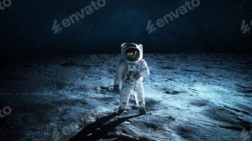 Preview: Lonely astronaut walks on the lunar surface. Lunar mission and exploration. Space man