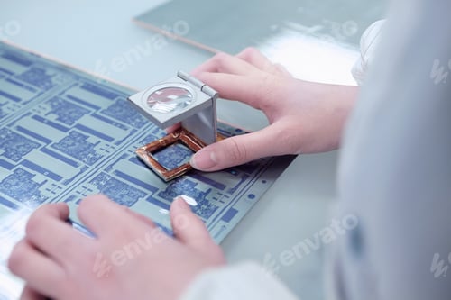 Preview: Hands of female worker inspecting flex circuit in flexible electronics factory