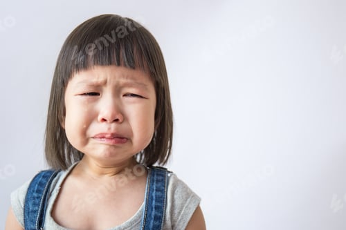 Preview: Portrait of little asian crying girl little rolling tears weeping emotion