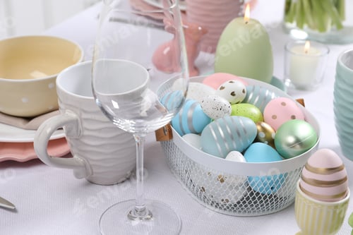 Preview: Festive table setting with painted eggs. Easter celebration