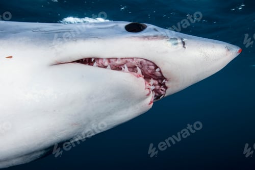 Preview: Underwater view of shortfin mako shark (Isurus oxyrinchus) with open mouth, West Coast, New Zealand