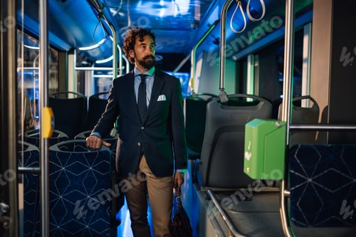 Preview: Businessman standing on a modern bus at night