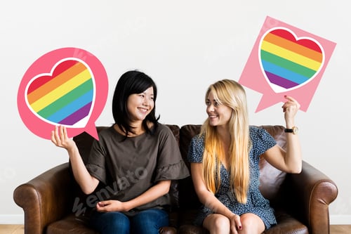 Preview: Couple holding speech bubbles with LGBT heart icons