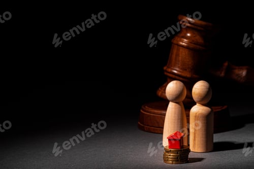 Preview: Divorse property division concept. Wooden family with house and judge gavel