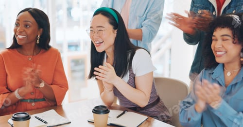 Preview: Success, applause or people in a meeting or presentation celebrate team goals, target or kpi sales