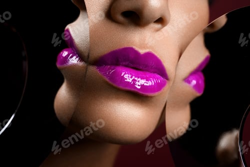 Preview: beautiful woman lips closeup with mirror reflections