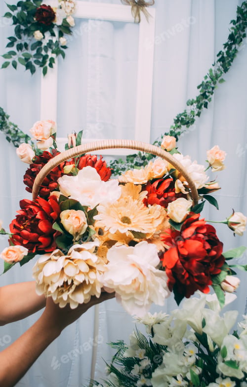 Preview: Floral Bouquet Displayed with Red, White, and Peach Flowers