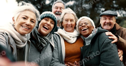Preview: Happy, selfie and senior friends in a park while walking outdoor for fresh air together. Diversity,