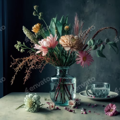 Preview: AI-generated illustration of a glass vase with flowers and greenery in the water