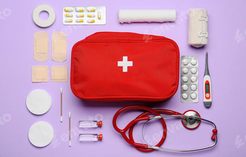 Preview: First aid kit concept, medicine equipment set in a suitcase box
