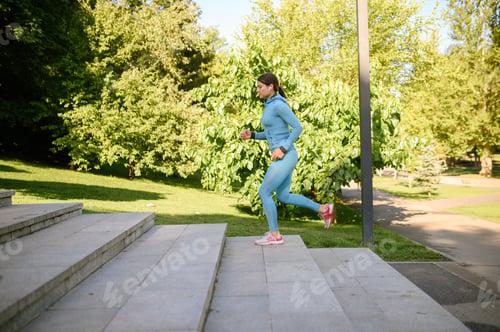 Preview: Morning workout in park, woman running by steps