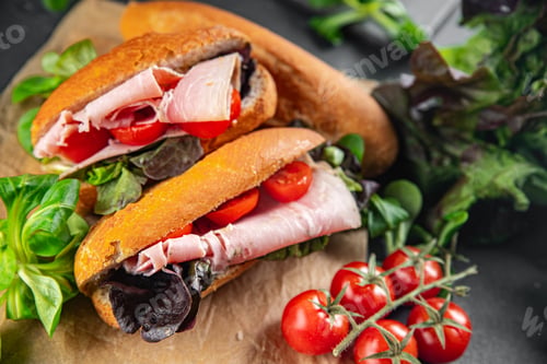 Preview: sandwich ham, tomato, green lettuce healthy eating cooking appetizer meal food snack on the table