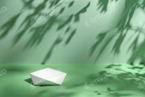 Preview: scene with polygonal podium on pastel mint green background and tree leaves shadows