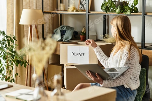 Preview: Young woman embraces sustainable lifestyle by sorting and donating clothes at home