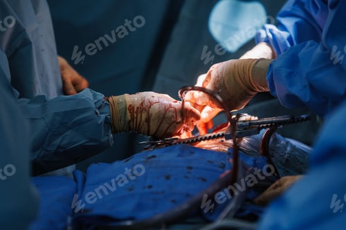 Preview: Close-up of surgeons performing complex heart surgery in a sterile operating room