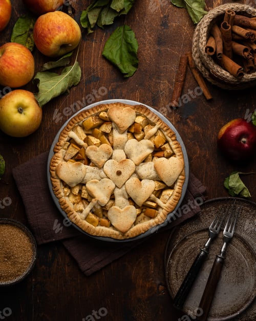 Preview: Apple pie, top view, wooden background