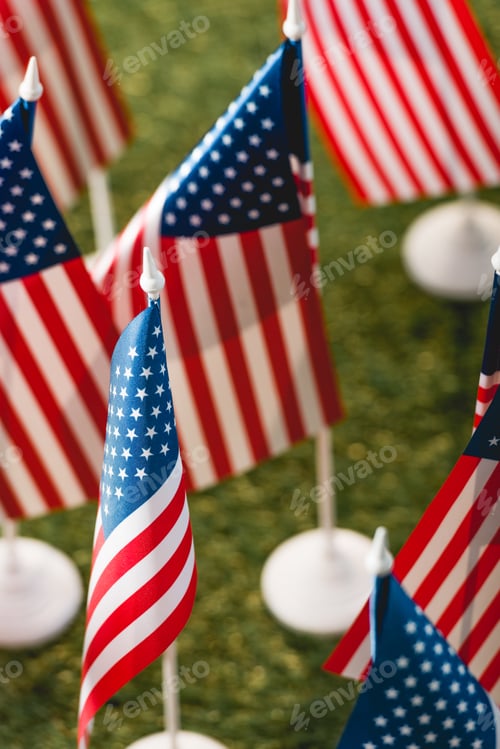 Preview: selective focus of american flags with stars and stripes on green grass