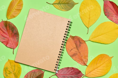 Preview: Notebook with a craft cover surrounded by bright autumn leaves on a green background
