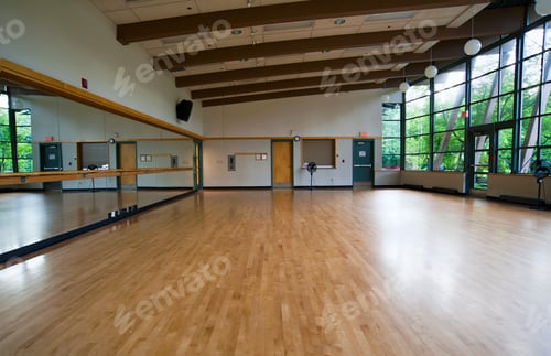 Preview: A dance ballet studio,with a sprung wooden floor, barre and wall mirrors.