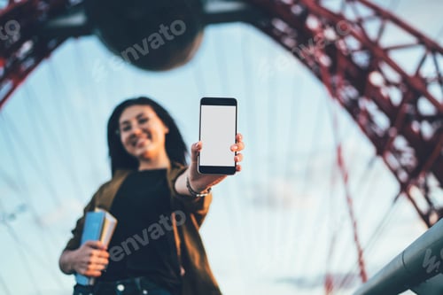 Preview: woman traveler showing navigation app