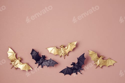 Preview: Top view of Halloween decoration with plastic bats. Party, invitation, halloween decoration